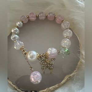 White and Light Pink Glass Bead Bracelet w/Butterfly and Bead Charms
